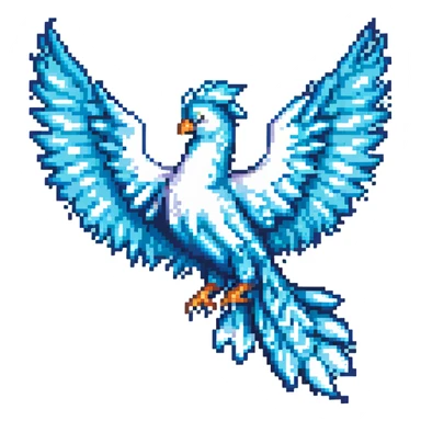pixel art style ice phoenix, mid-flight, snowflake accents, blue and cyan palette, retro game look sticker