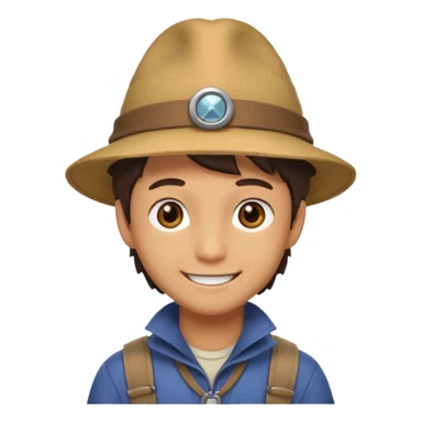 Um rosto kawaii macho de olhos castanhos com chapéu de aventureiro e sorrindo sticker