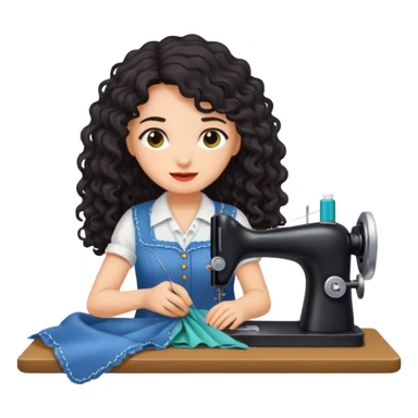 a woman with long curly dark hair sewing clothes sticker