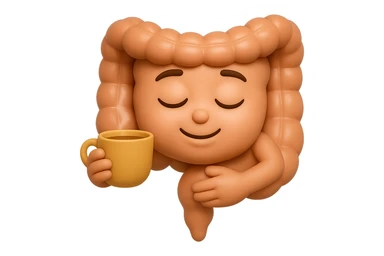 emoji stile iphone 3d di intestino umano sereno che si tocca la pancia mentre sorseggia un thè alle erbe, iperrealistico 4k sticker