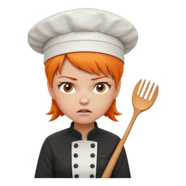 girl, Short orange hair, angry, wearing chef uniform and chef hat sticker