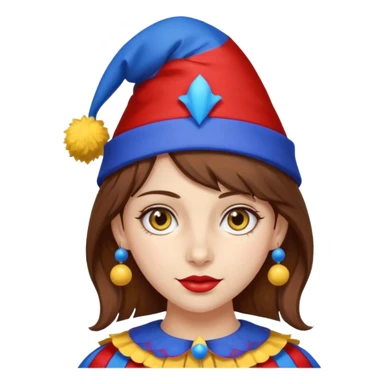a girl with brown hair a blue and red jester hat with yellow pom pom's at the tip of the jester hat her eyes a patren of red and blue  sticker
