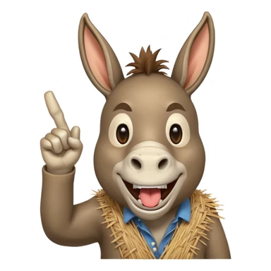 A donkey with a piece of straw in their mouth laughing hysterically while pointing up the middle finger sticker