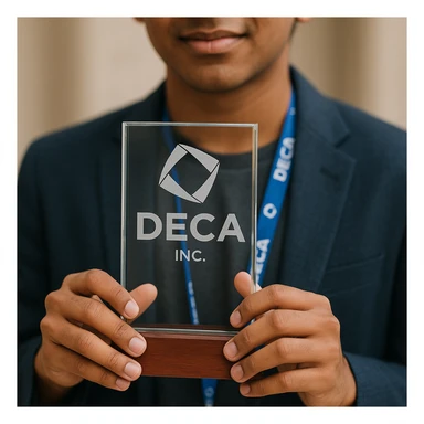 Close-up of an Indian teenage boy's hands holding the official DECA glass trophy: a rectangle of clear glass on a wood base, with the DECA logo and etching visible. The background is blurred, focusing on the trophy and the boy's hands, with a hint of a DECA lanyard. sticker