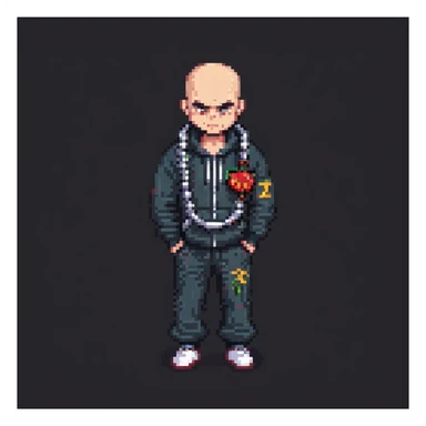 Pixel art thug in tracksuit, holding chain, bald head, angry expression, side view, retro arcade sprite
 sticker