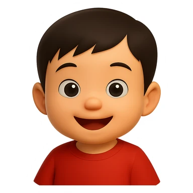 Edit the cute Asian baby boy emoji by changing the shirt to bright red while keeping the rest unchanged. Use a soft glossy texture and make it about 80% realistic. No background. sticker