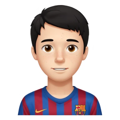 Un chico con pelo liso, demasiado pelo desordenado y negro, tiene pecas, brackets, ojos cafés oscuros y con una camisa del Barcelona sticker