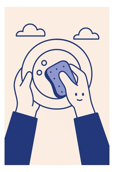 hands scrubbing a plate, clear and simple illustration sticker