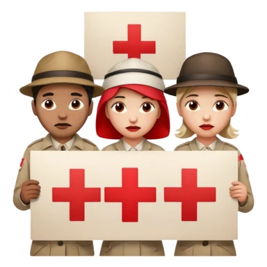 a crowd of people with unhappy faces, holding posters with a red cross painted on them sticker