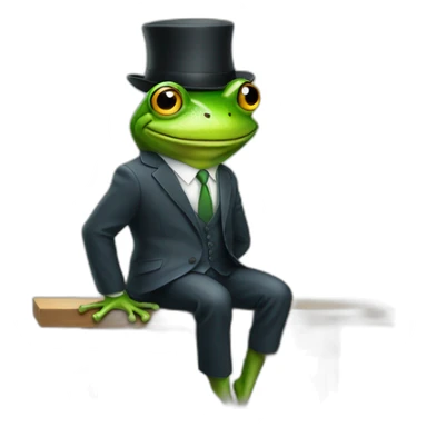 A frog wearing a suit looking straight sitting on a table and wearing a hat sticker
