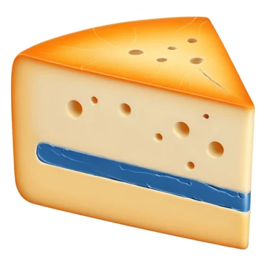 thick slice of Morbier cheese, pale yellow inside, thin blue-grey ash line in the middle, semi-soft dense texture, orange-beige washed rind, visually centered ash stripe, no board or extras, soft lighting, subtle shadows, emoji scale sticker