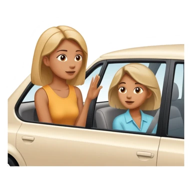 woman leaning talking to person in parked car with window down sticker