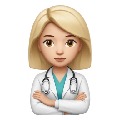 3D memoji style female doctor in medical coat, arms crossed, serious but calm expression, slightly raised eyebrow, professional look, centered, isolated, PNG, transparent background sticker
