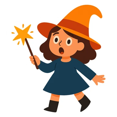 Make the brunette girl witch look surprised, keep her whimsical and magical, vibrant toon style, no background. sticker