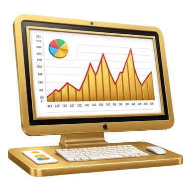 Mach mir einen schreibtisch mit einem bildschirm drauf wo mann einen Chart sieht von Gold sticker