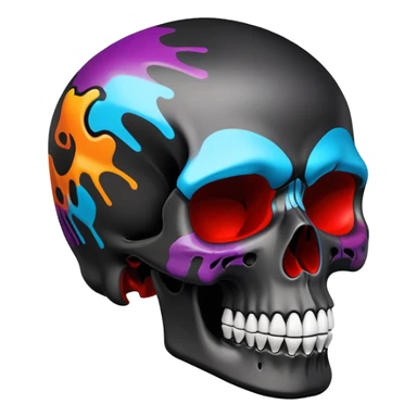 smooth black skull with vibrant graffiti paint contained within the skull shape, brand logos inside skull outline only, side view sticker