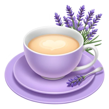 White teacup on a pastel purple plate, lavender flowers on the side, pastelcore aesthetic sticker