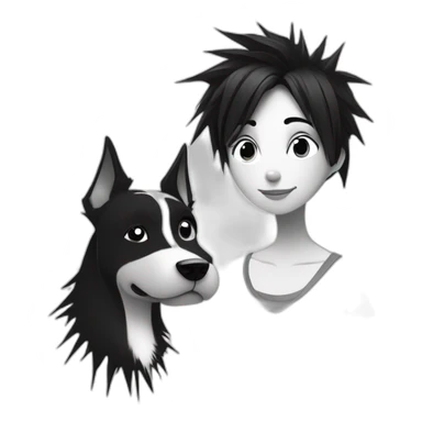 dog and a dark-haired girl with spiky hair looking at each other in style of ((sarah andersen)), black and white sticker