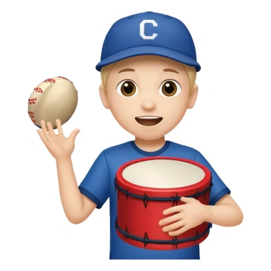 A young boy with a cap, wearing team colors, banging a small drum excitedly. sticker