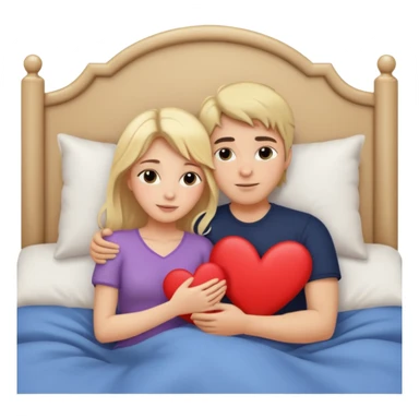 two people cuddling in bed. man has dark hair. woman is blonde. hearts surrounding them. sticker