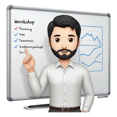 Professional 35-year-old man with black wavy hair, stubble, strong jawline, white skin tone, wearing smart casual business attire, standing in front of a diverse group, facilitating an interactive leadership workshop with whiteboard and participants sticker