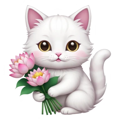 White cat holding a bouquet of lotus flowers sticker