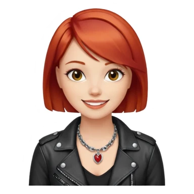 young fashionable woman, bob cut red hair, leather jacket, statement necklace, smiling sticker