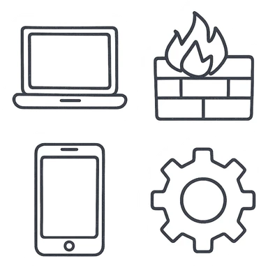 hand drawn outline icons for information technology, playful yet clear, features laptop, firewall, smartphone, and settings gear, sketchy lines, no fill sticker