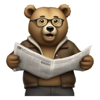 bear standing on boat wearing glasses reading newspaper sticker