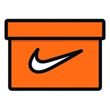 minimal flat icon style Nike shoe box, orange rectangle with white Nike swoosh, no details, transparent background sticker