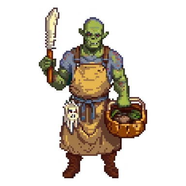 orc male Apron with "Kiss the Cook" (scratched out, replaced with "Fear the Cook"), giant rib bone as a weapon. sticker