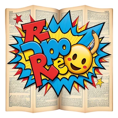 Create a vibrant emoji representing comic books and graphic novels as an art form. The design should feature a large, open comic book with vintage comic panels on the pages. Include a pencil (without a hand) gently writing text or sketching on the pages. The comic panels should have bold lines and retro-style artwork with classic comic book visuals. Use bright, energetic colors like red, yellow, and blue to evoke excitement and creativity. The overall design should feel dynamic, vintage, and artistic. Make the background transparent. sticker