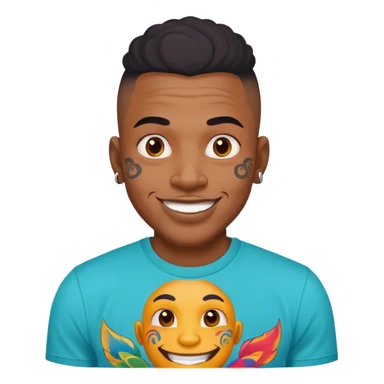 black man with bold face tattoos, happy face, wearing a colorful t-shirt sticker
