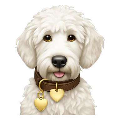 White golden doodle dog brown leather collar with a gold heart tag sticker
