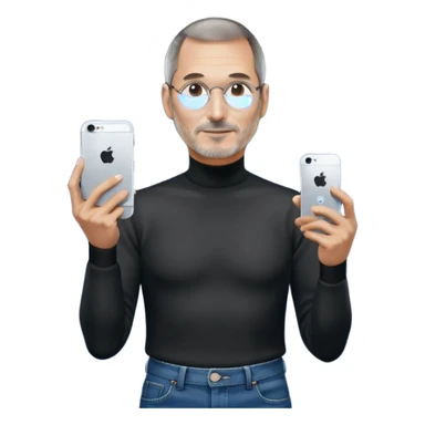 Steve Jobs is holding an iPhone with its hand in a stage sticker