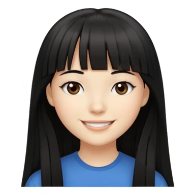 Girl with fair skintone, long straight black hair with bangs, and dark brown eyes, smiling, sticker