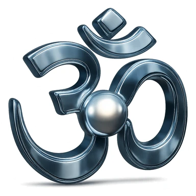 Place a glowing chrome sphere in the center of the Om symbol, keep the style futuristic and polished, with no background. sticker