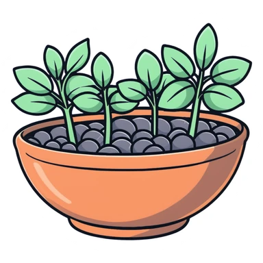 Shallow ceramic dish garden with Plectranthus Verticillatus sprouts featuring circular penny-shaped leaves arranged with decorative stones sticker