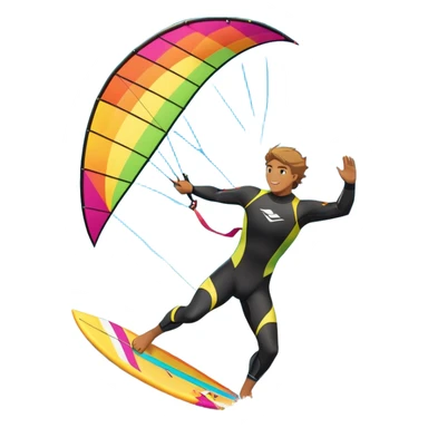 A kite surfer gliding across the ocean, with a colorful kite soaring high in the sky and the surfer carving through the waves. The scene captures the energy and freedom of the sport, with the sun shining and the ocean's waves splashing around. sticker