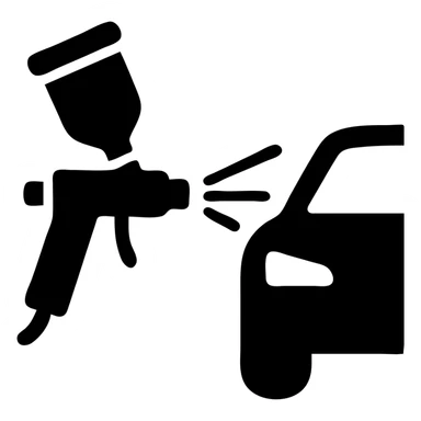 solid icon of a paint spray gun aiming at a car section, glossy black paint spraying out, silver details, clean lines, minimal and elegant sticker