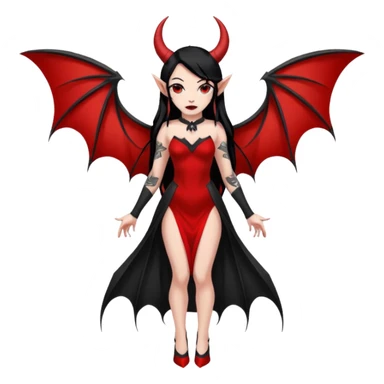 Full red-skin demon girl (entire body red), long black hair, small red horns, pointed ears, single bat wing, black open-back dress, bold tattoo-flash comic linework, red/black/gray, dark background, no text. sticker