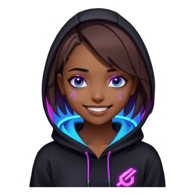 a girl with a brown bob and blue eyes in a black hoodie laughs and holds her head Cyberpunk style. Violet neon. sticker