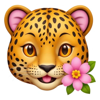 A leopard with smile and mouth closed, A pink flower with a yellow center is tucked behind its right ear
 sticker