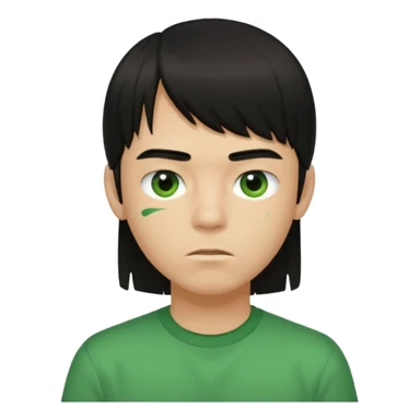 A boy with straight bangs covering his eyebrows, long hair at the back, black eyes, and brownish-black hair, wearing a green shirt the color of brilliant green antiseptic. sticker