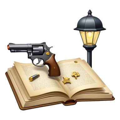 Icon for Action & Crime Reading: an open book with dramatic crime scenes—bullet holes on pages, a detective badge, a revolver and a getaway car. Surrounding elements include a flickering streetlight. Transparent background. sticker