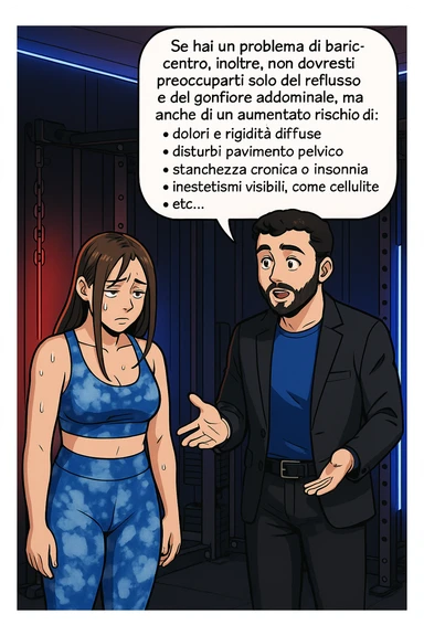 TRASFORMA QUESTO CAROSELLO IN UN FUMETTO STILE WEBTOON/MANGA A COLORI CON QUESTE DUE PERSONE IDENTICHE CHE INTERLOQUISCONO TRA LORO, L'uomo sta spiegando alla donna questo concetto:

Se hai un problema di baricentro, inoltre, non dovresti preoccuparti solo del reflusso e del gonfiore addominale, ma anche di un aumentato rischio di:
    • dolori e rigidità diffuse
    • disturbi pavimento pelvico
    • stanchezza cronica o insonnia
    • inestetismi visibili, come celluluite
    • etc… sticker