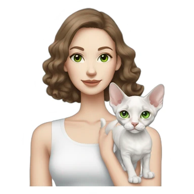 White brunette long hair woman with green eyes holding slim white devon rex with light blue eyes sticker