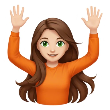 smiling girl with long brown hair, middle hair split, waving, green eyes, orange shirt sticker