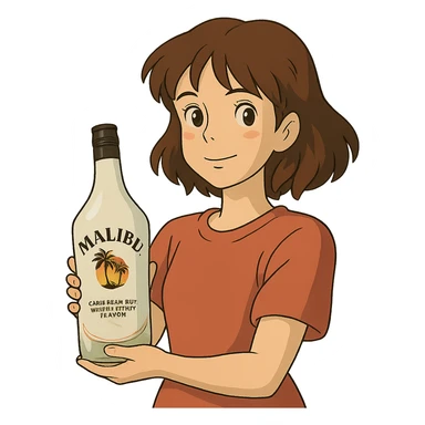 ghibli style young woman holding a bottle of Malibu sticker