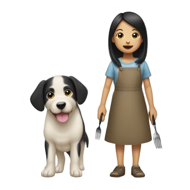 Little girl with long black hair that’s Asian with a fork in one hand and a puppy in the other hand sticker